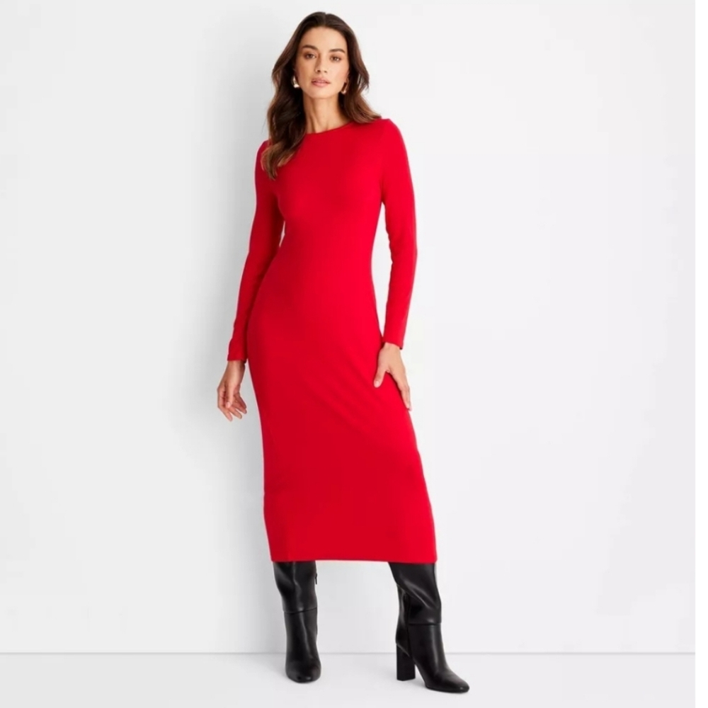 NWT $175 Terez  long-sleeve ribbed bodycon Dress In Red
